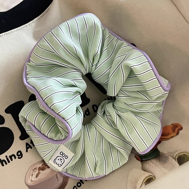 Cream Contrast Color Striped Bear Large Intestine Ring All-Match Headdress Cute Hair Band for Girls Bun High Ponytail Hair Accessories