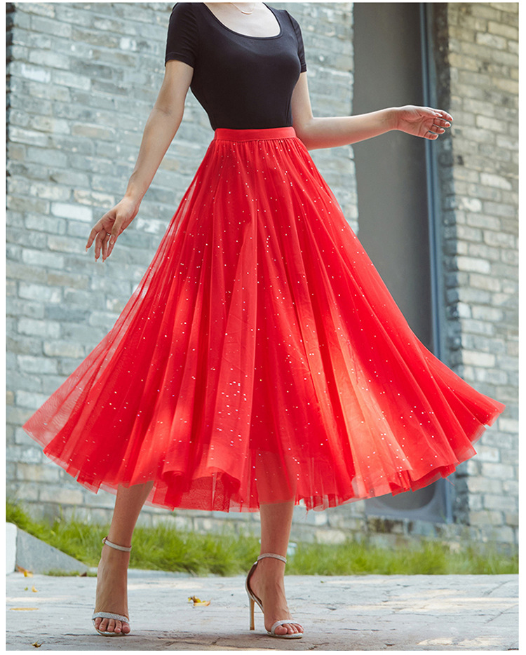 540度广场舞红色网纱半身长裙亮片烫钻舞蹈裙女显瘦a字仙女纱裙