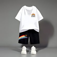 男童女童彩虹半袖夏季儿童短袖短裤两件套薄纯棉t恤童装韩版套装