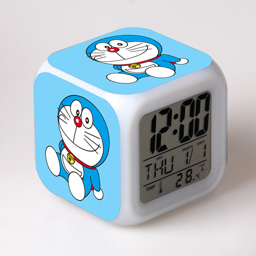 跨境货源哆啦a梦闹钟机器猫学生儿童礼品七彩闹钟变色四方钟定制