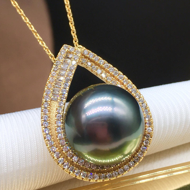 大颗粒13-14mm 天然大溪地海水黑珍珠吊坠 s925银 上身简约气质款