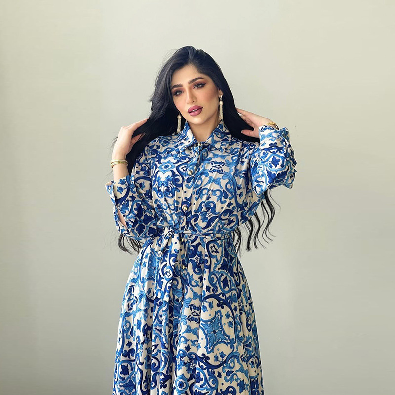 Ab119 Cross-Border Middle East Foreign Trade E-Commerce Muslim Women's Wear Malay Indonesia Southeast Asia Printing Long Sleeve Dress