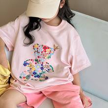 女童短袖t恤2024新款儿童夏装韩版宽松上衣潮中大童卡通刺绣体恤