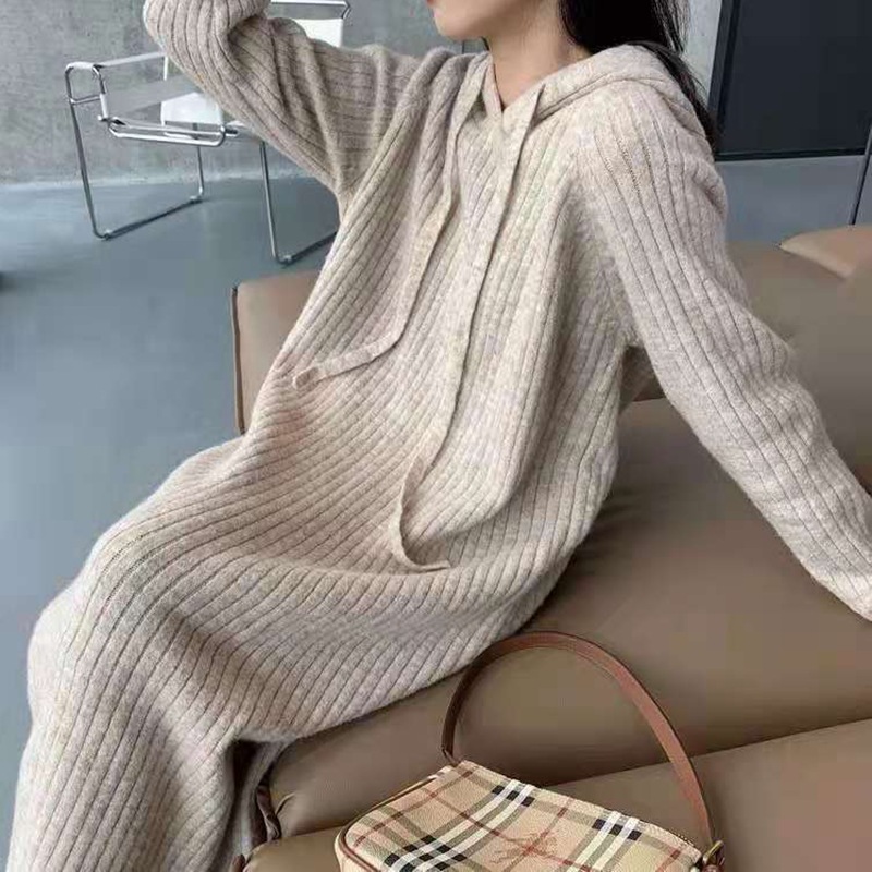 Autumn and Winter Hooded Sweater Women's Dress Straight Loose Long Outer Wear Knitted over-the-Knee Dress Casual Bottoming Shirt