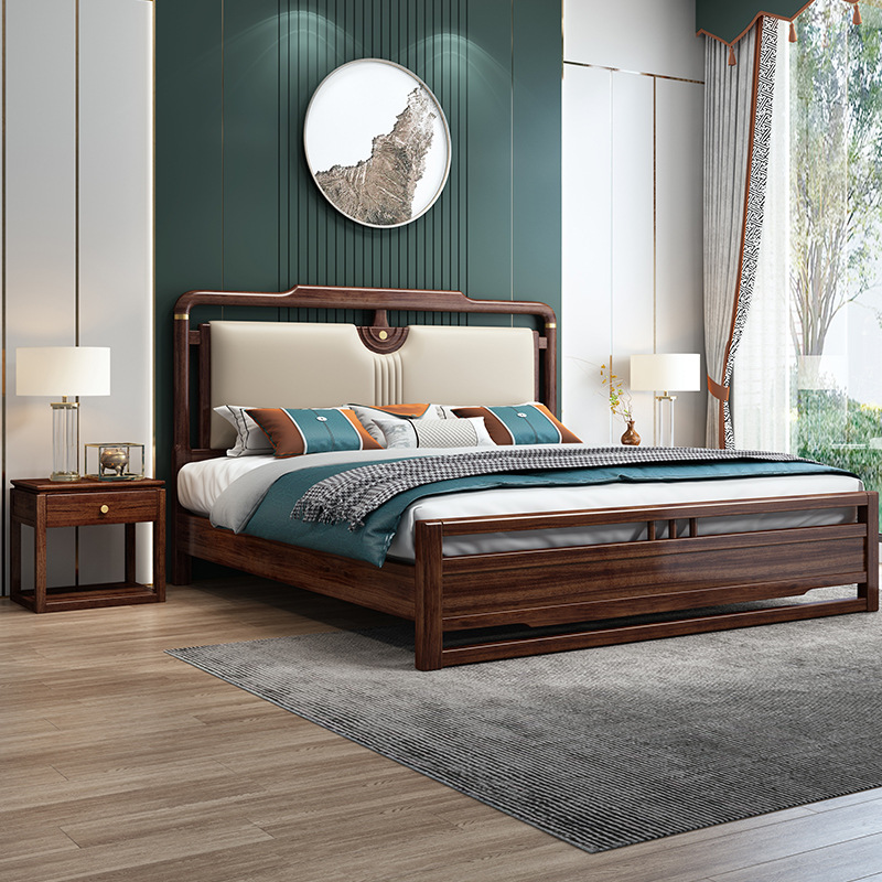 新中式金丝檀木软包床1.8m现代轻奢主卧婚床全实木2人支架结构