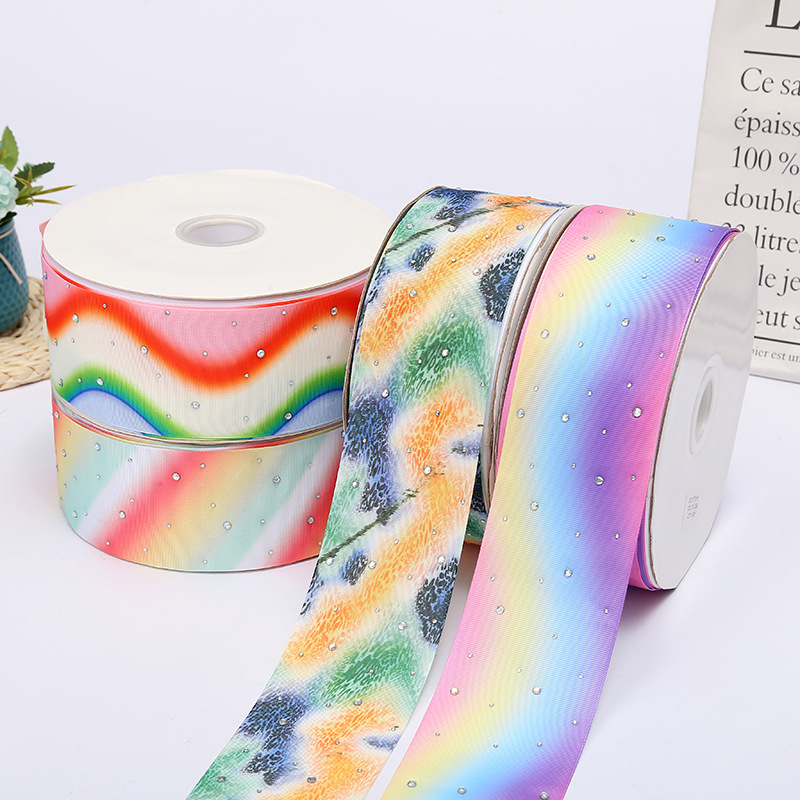 7. 5cm Wave Pattern Dacron Ribbon Colorful Rhinestone Printing Ribbon Clothing Gift Packaging Decorative Ribbon Wholesale