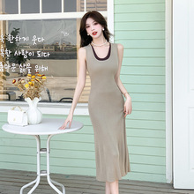 2024夏季 日韩版女装U领假两件毛衣裙修身针织连衣裙无袖长裙6735