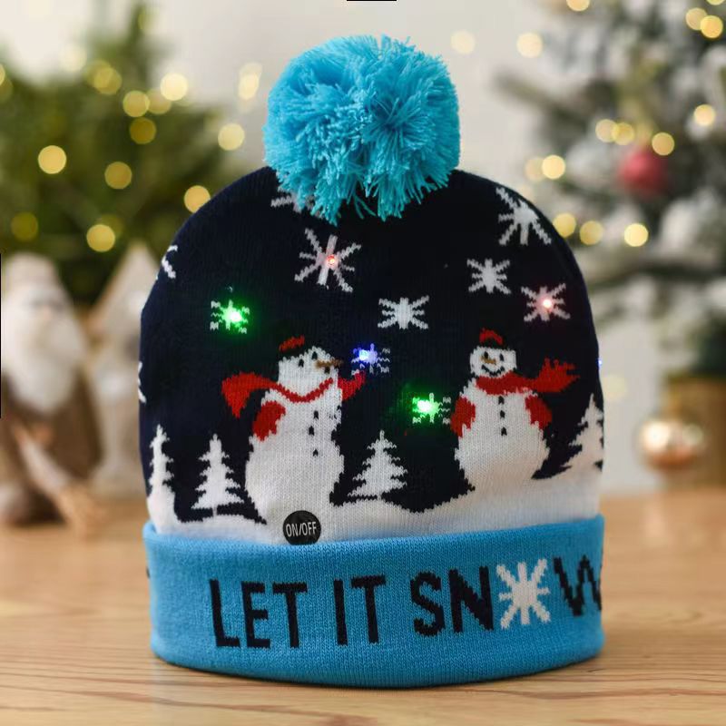 Cross-Border Autumn and Winter Fashion Christmas LED Lights Knitted Hat Colored Lights Party Warm Adult with Ball Hat Wholesale