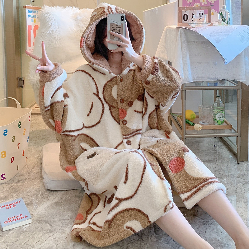 珊瑚绒睡衣女冬季可爱加厚浴袍秋冬天睡袍女长款法兰绒家居服套装