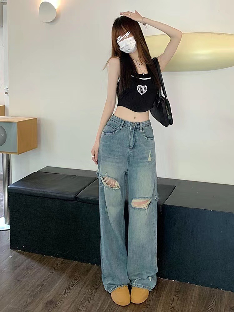 Retro Tattered Jeans Jeans Women's Summer Straight Fashion plus Size Fat Sister Loose High Waist Slimming Mop Wide Leg Pants