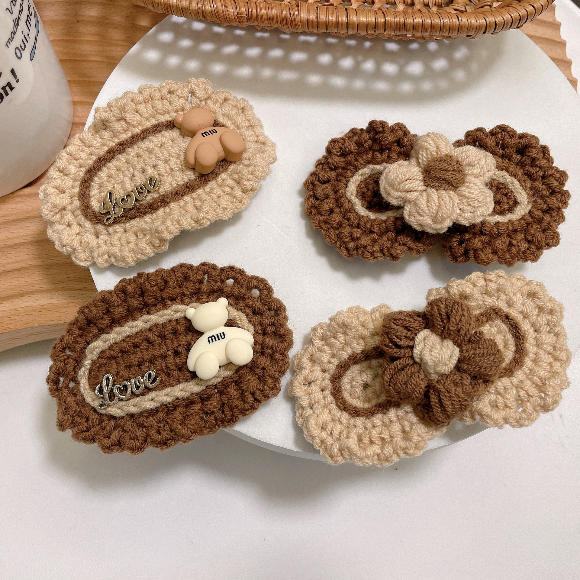 网红秋冬新款手工编织毛线花朵边夹发夹可爱少女刘海夹精品店发饰