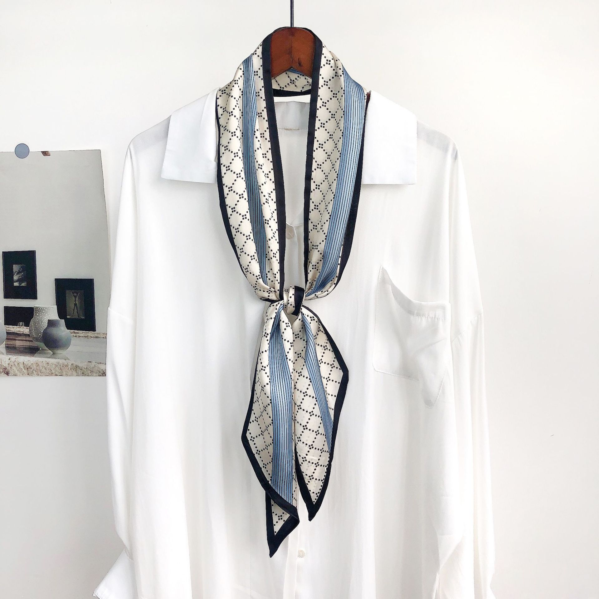 法式ins小清新春夏细窄长条小丝巾装饰 尖角领巾双面百搭飘带发带