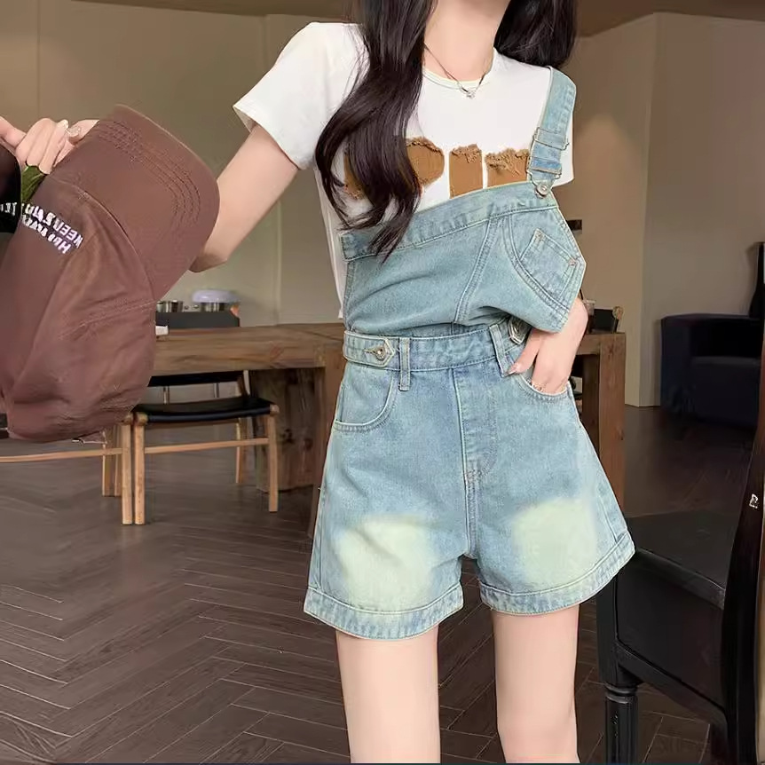 小个子奶系背带裤女短裤2024新款夏季薄款宽松奶fufu牛仔阔腿热裤