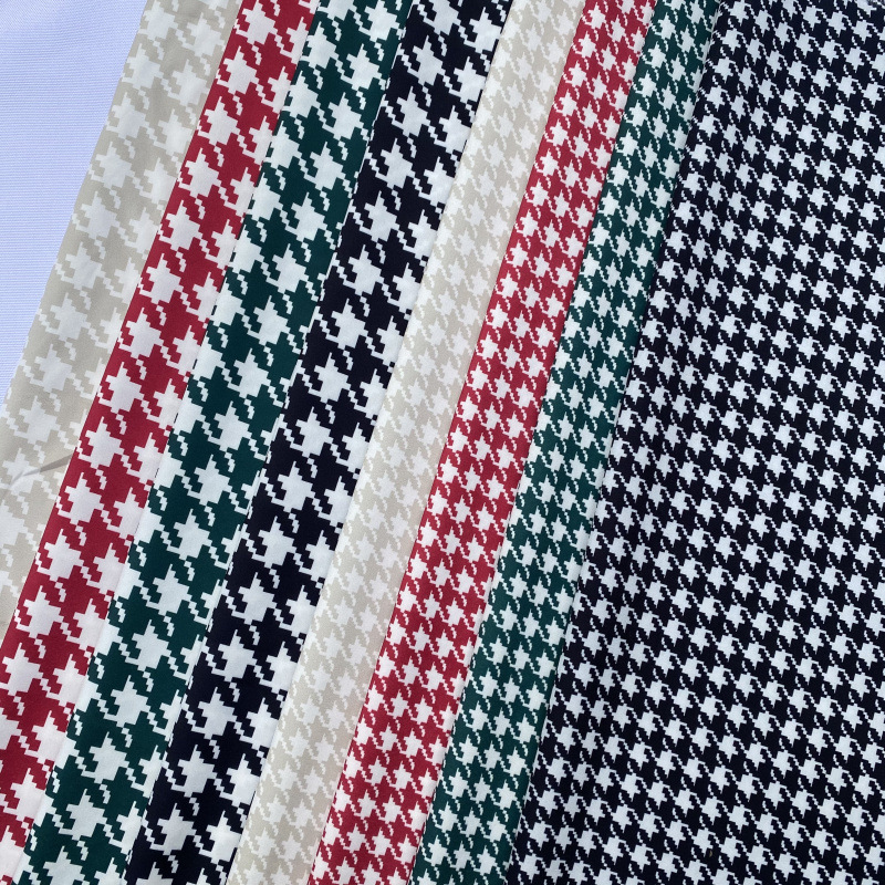 100d四面弹千鸟格 连衣裙服装印花面料 梭织弹力格子印花布料