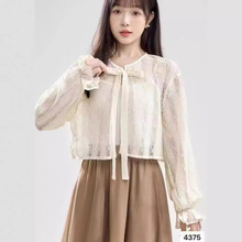 2024夏季新款韩版甜美清新百搭减龄蕾丝花边系带长袖短款防晒衣女