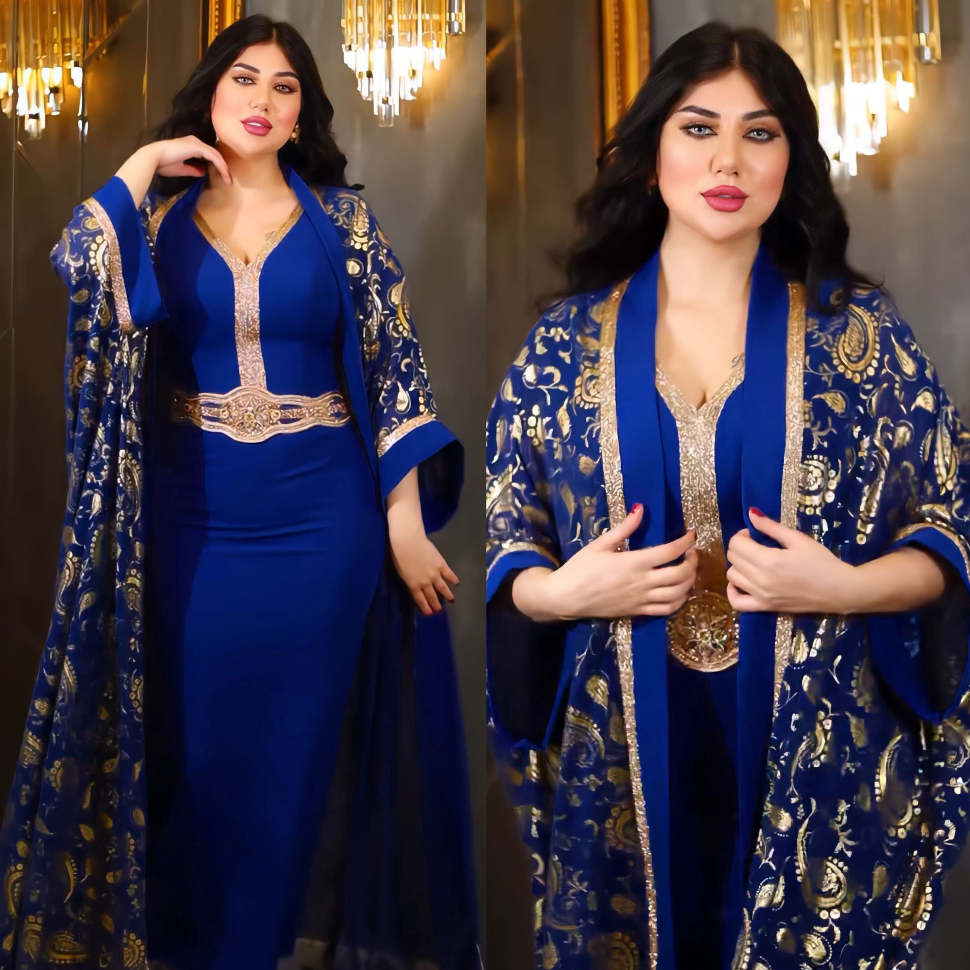 中东跨境穆斯林沙特abaya女装印花礼服套装两件套连衣裙长袍-阿里巴巴