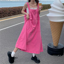 牛仔背带裙女设计感小众连衣裙夏季宽松连体裙子粉色奶甜奶系长裙