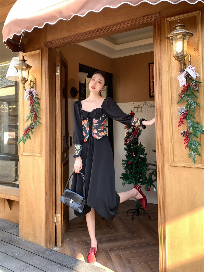 郁金香束腰裙子女中长款秋冬2020新款长袖收腰黑色连衣裙