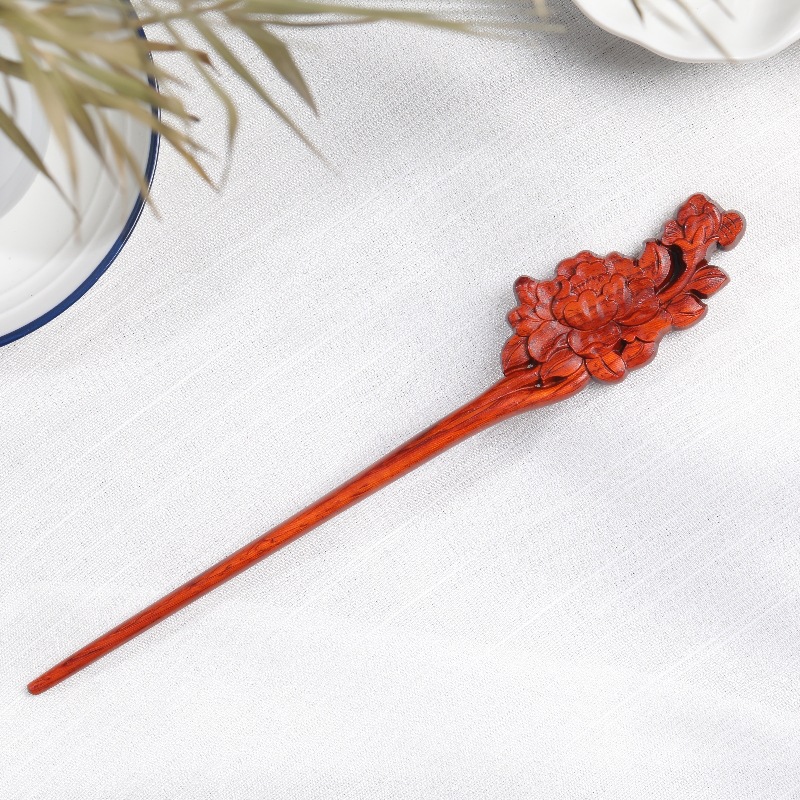 紫檀木手工发簪中国风古风礼盒送礼物复古牡丹簪子高级旗袍盘发钗