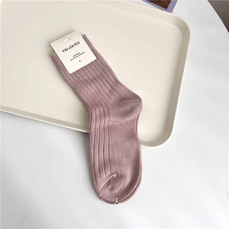 Women's Socks Autumn and Winter New Sweet Pink Bold Stripe Socks Solidcolor Mid-Calf Length Bunching Socks Cotton Women's Socks