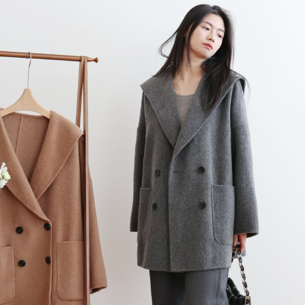 莫兰德小姐 减龄海军领骆驼绒双面呢大衣 学院风双排扣短款外套女
