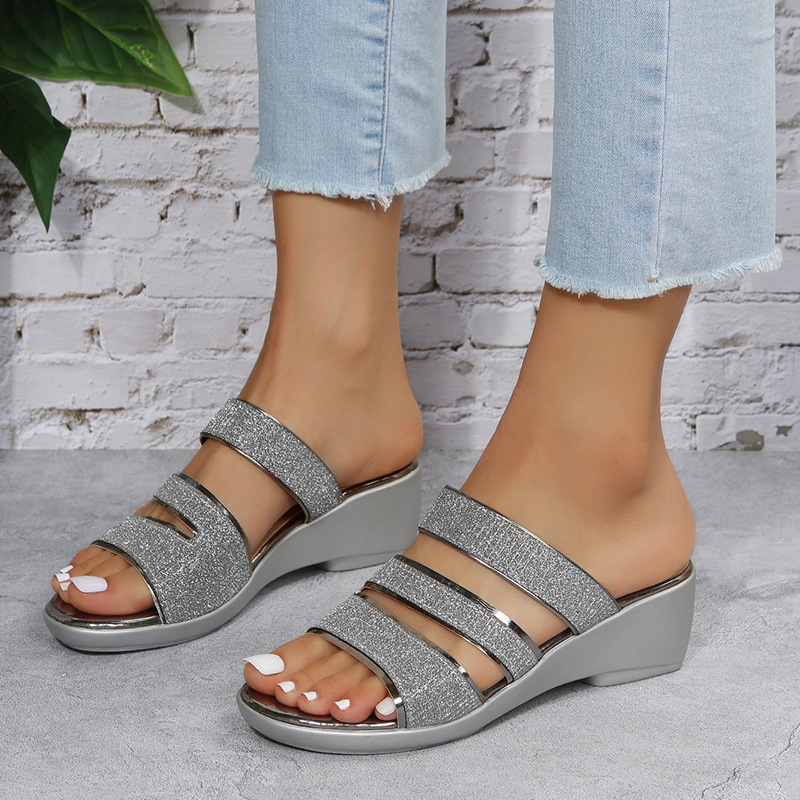 Summer New Wedge Sandals Women's Sequined Open Toe Roman Style Sandals Foreign Trade Large Size One-Line Platform Sandals
