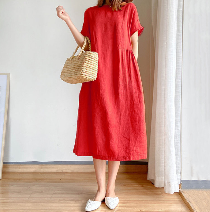 Simple Art-Style Loose Slimming Dress for Women Summer 2021 New Large Size Mid-Length Dress for Plump Girls 100.00kg