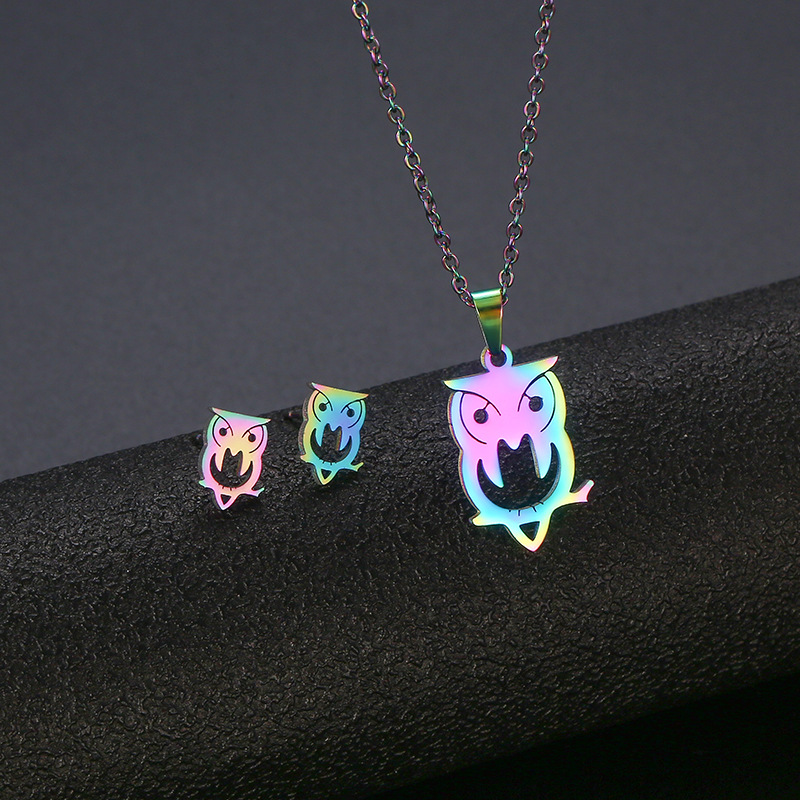 Europe and America Cross Border Colorful Stainless Steel Owl Necklace and Earrings Suite Laser Cut Glossy Color Necklace Sets Chain