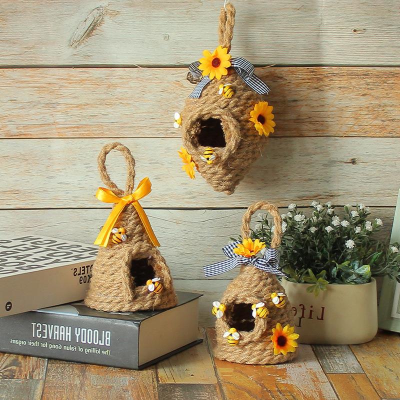 苍岩新款向日葵圆形蜂窝挂饰 蜜蜂节编织麻绳工艺阳台挂圈吊饰