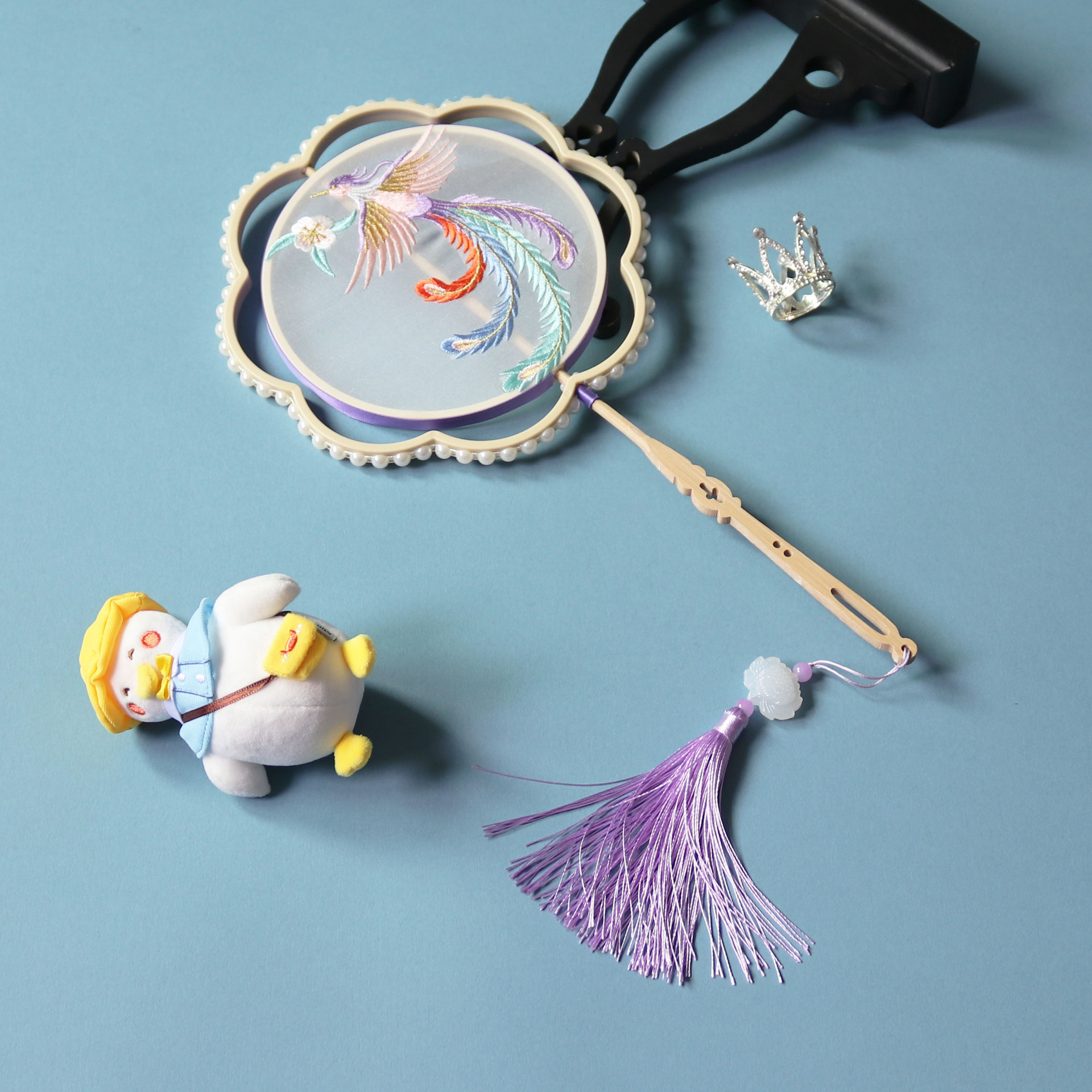 古风汉服旗袍双环团扇宫扇异形扇子掌扇刺绣舞蹈花瓣扇长柄小圆扇