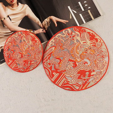 国潮红色中国龙衣服补丁贴重工刺绣贴圆形补子布贴绣片贴花辅料