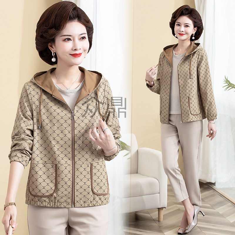 zd中老年女装春秋款妈妈外套棉质连帽休闲夹克衫宽松洋气高端短外