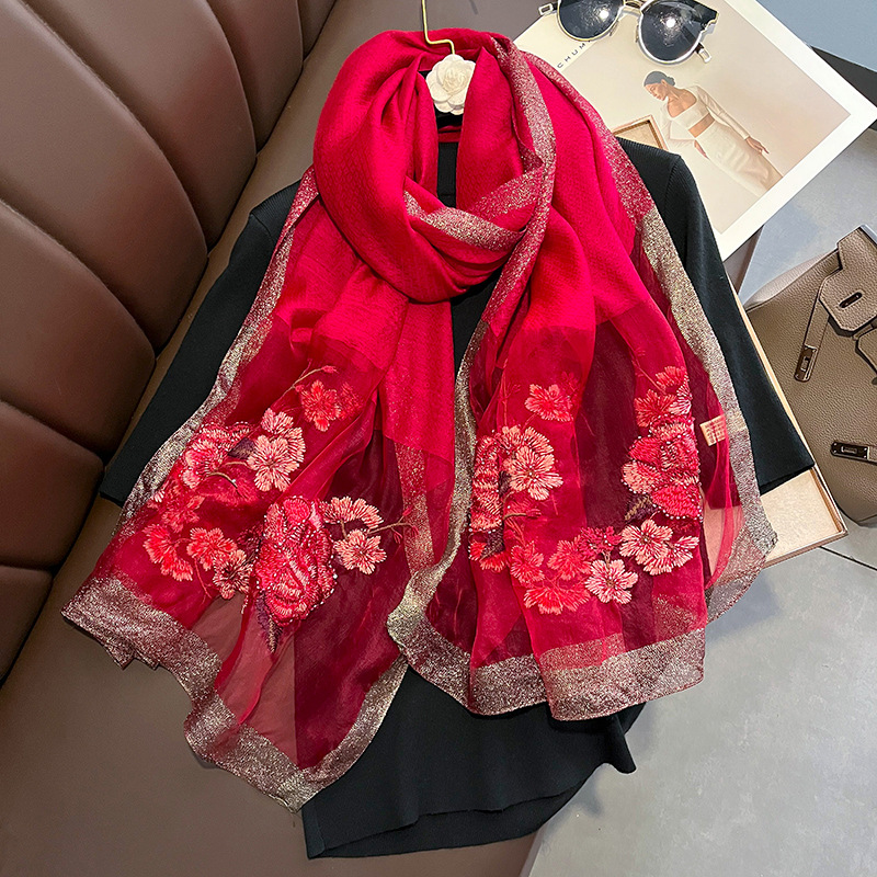 Chinese Style New Flower Silk Wool Scarf Women's Embroidered Silk Scarf Warm Shawl Long Scarf to Give Mom