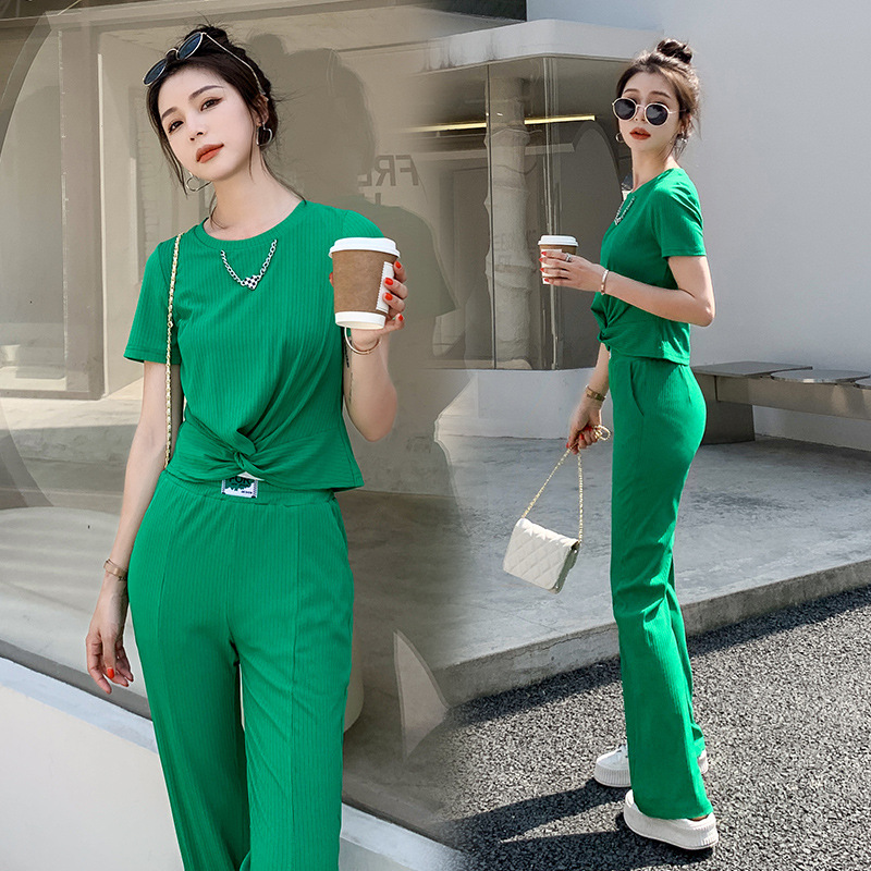 休闲时尚套装女2023夏季新款女装设计感小众绿色成套搭配两件套潮