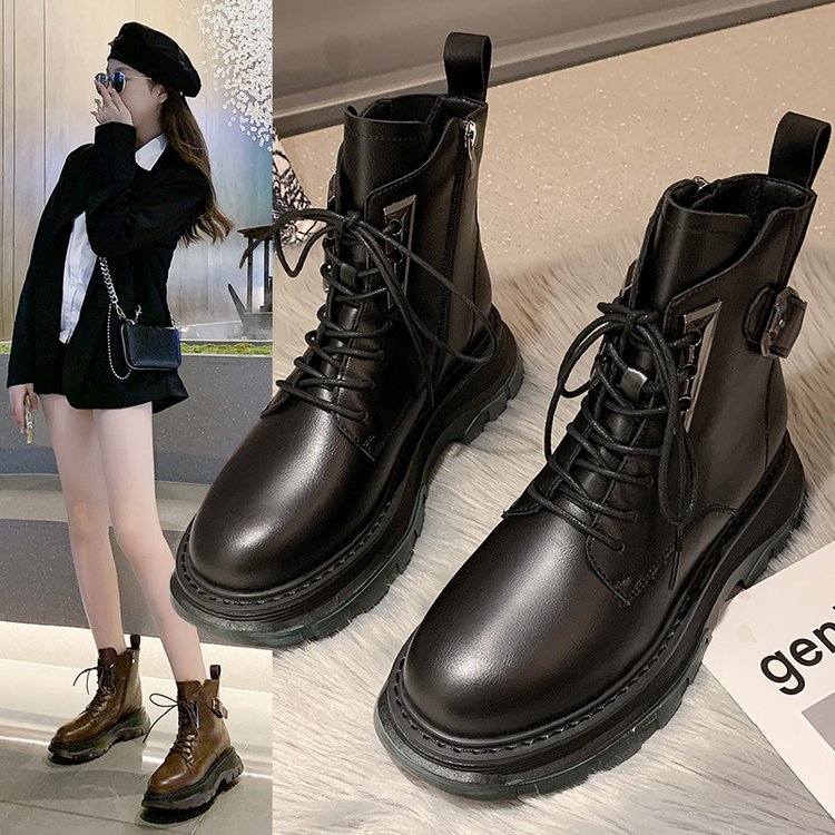 复古春秋单靴厚底小个子马丁靴女潮个性百搭英伦风棕色显瘦短皮靴