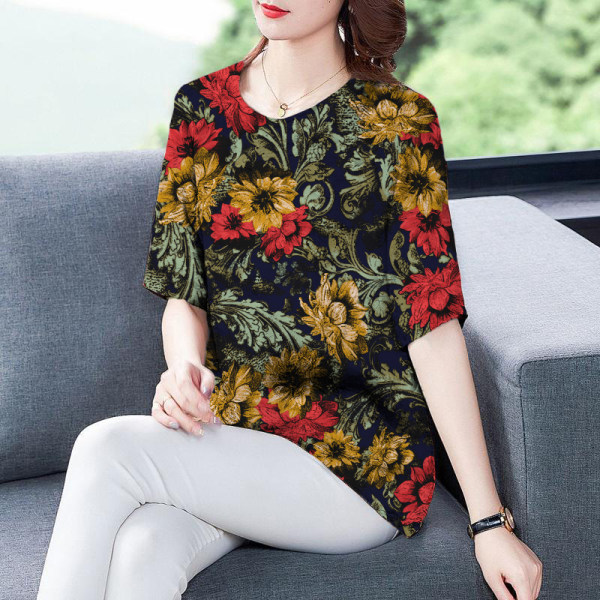 东南亚韩版大码女装碎花t恤短袖宽松上衣女跨境速卖通中老年热款
