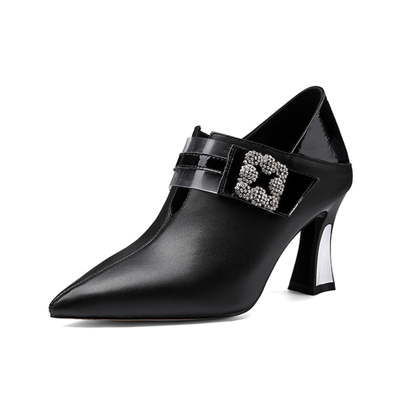 优雅女鞋秋冬季新款鞋子尖头粗跟高跟鞋方扣拉链罐罐鞋裸靴单鞋女