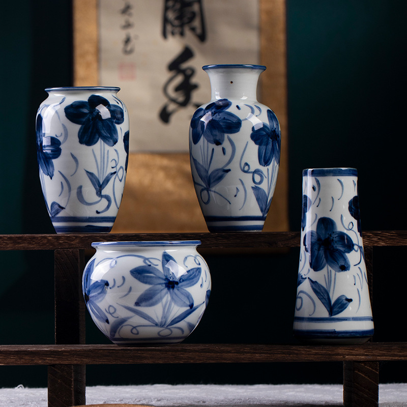手工绘画陶瓷小花瓶手作青花瓷太阳花花器禅意居家书房桌面装饰品