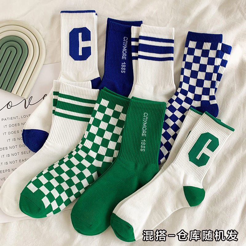 Korean Style Student Popular Spring and Autumn Ins Blue Letter C Tube Socks Chessboard Grid Long Socks Sports Green Free Shipping Socks