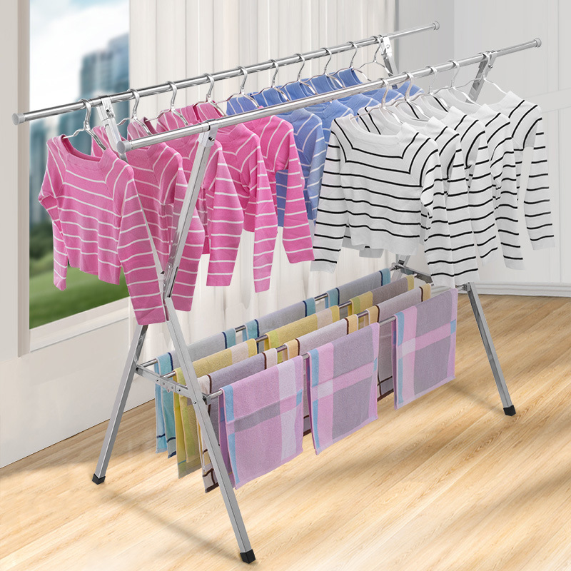 不锈钢晾衣架落地折叠双杆式晒衣架简易置物架阳台室内凉衣架晒架