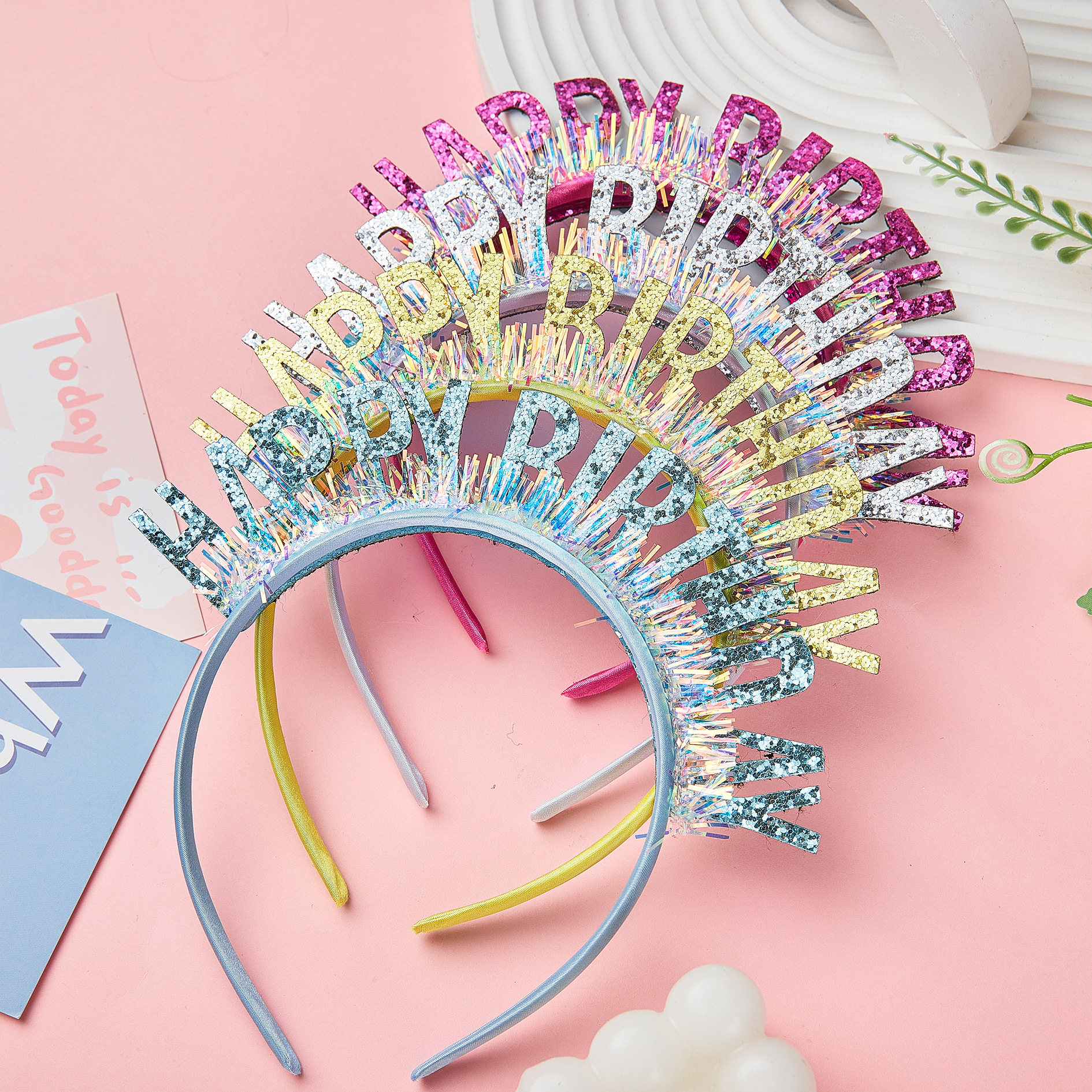网红生日快乐发箍主题派对男孩女孩拍照道具氛围装扮闪片亮片头饰