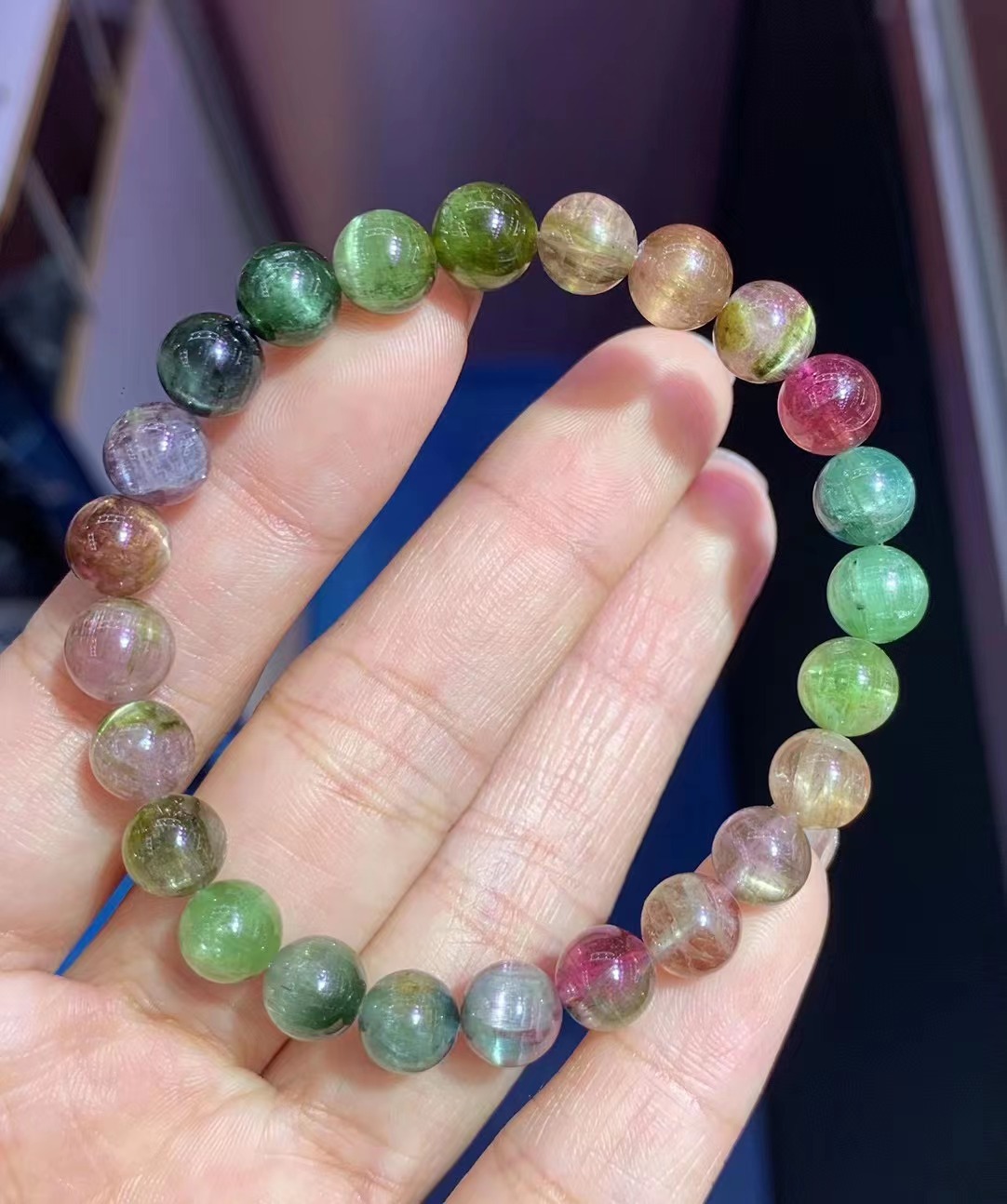 天然西瓜色带猫眼碧玺手链晶体通透西瓜色实物眼更明显 界面级别