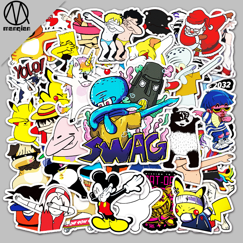 50张不重复卡通遮脸手势贴纸行李箱滑板死飞冰箱防水涂鸦贴纸