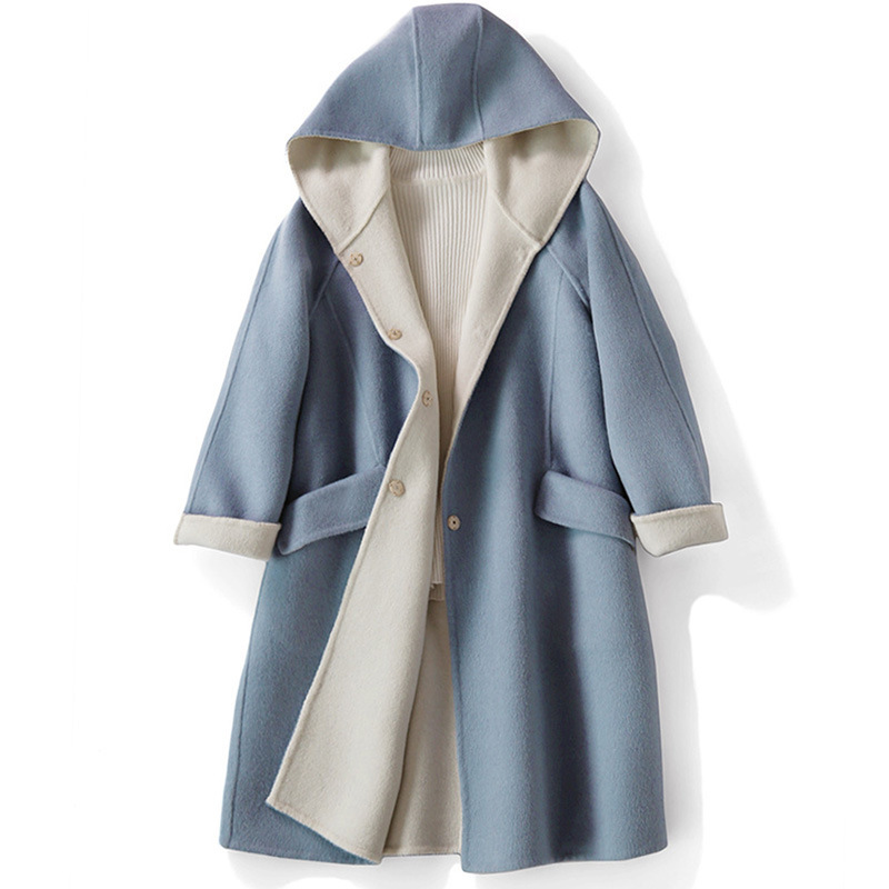 品质秋装手缝羊毛大衣连帽中长款2023秋冬女装毛呢外套女一件代发