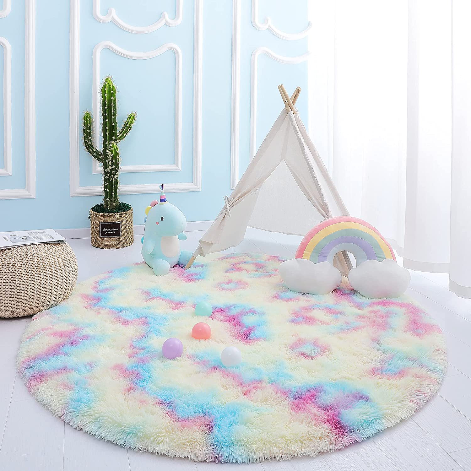 Rainbow Color Nordic Instagram Style round Long Wool Bedroom Carpet Thickened Floor Mat round Tablecloth Hanging Basket Children's Room Mat