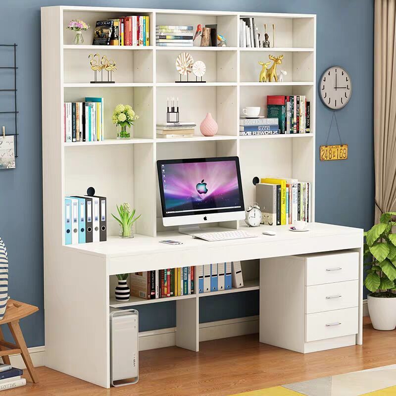 书桌书架组合家用台式电脑桌书柜一体双人学生写字台简约办公桌