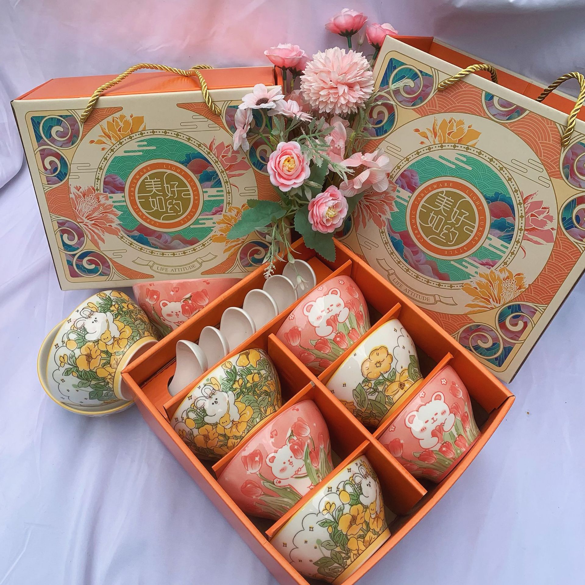 节日活动伴手礼-6个碗清新/萌趣陶瓷餐具套装可爱卡通儿童陶瓷碗