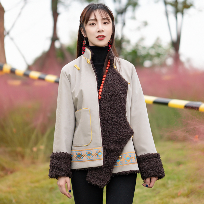 冬季藏式外套女西藏族服装藏袍皮衣加绒藏装上衣拉萨服拼色民族风