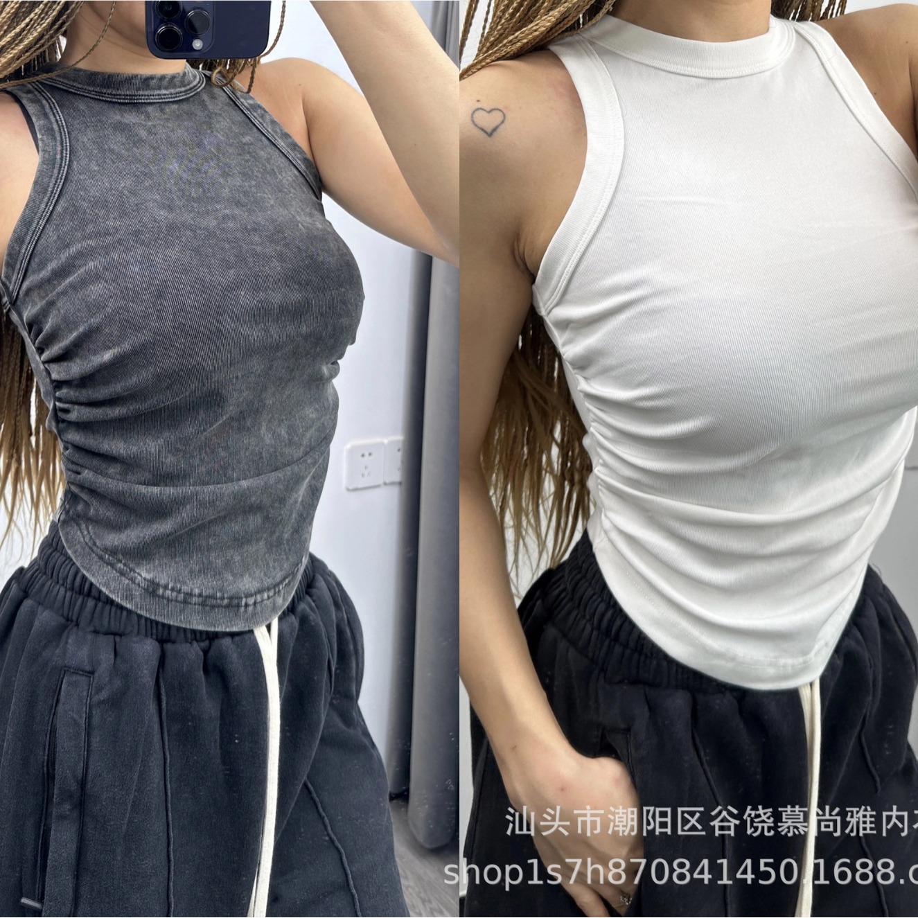 2023 autumn and winter new pleated i-shaped vest women‘s heavy retro washing craft american fried snowflake hot girl top