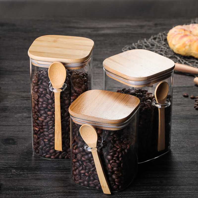 Japanese-Style Square Glass Sealed Can Household Coffee Bean Storage Tank Kitchen Wooden Spoon with Spice Jar Food Storage Jar